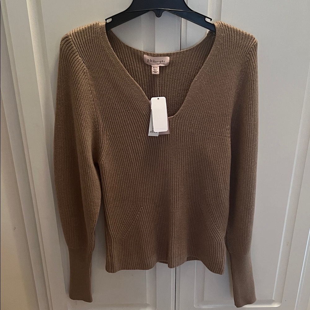 Philosophy Tan V-Neck Split Pullover Sweater XL N… - image 1